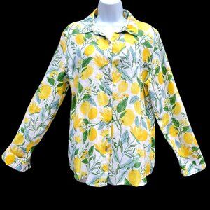 Martha Stewart 100% Linen Lemon Print Collared Blouse Long Sleeve L XL